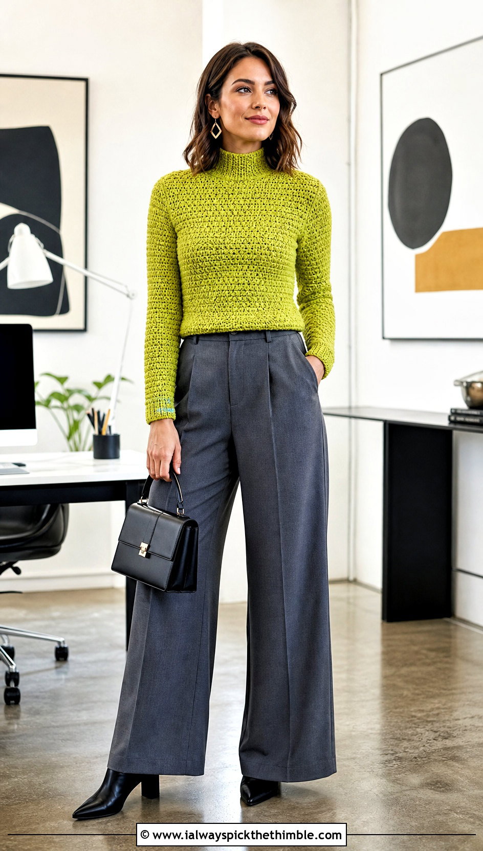 Mock Neck Crochet Fitted Sweater With Wide Leg Suit Pants - 20 crochet fitted sweater outfit ideas