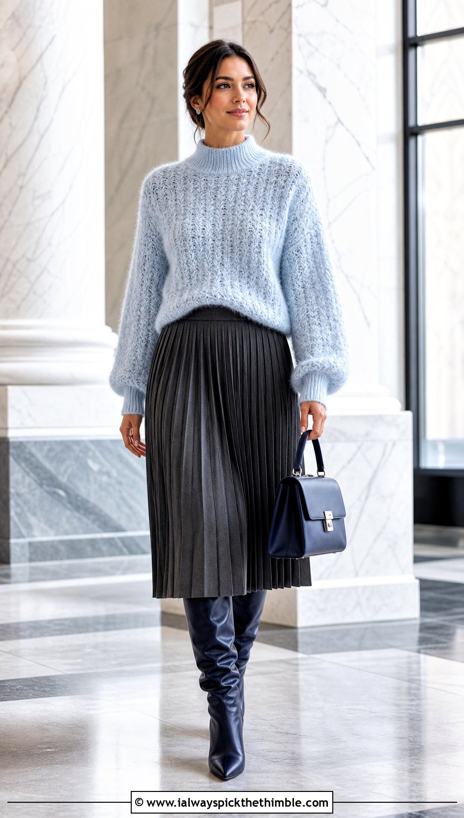 Mock Neck Crochet Fluffy Sweater With Pleated Midi Skirt - 25 crochet fluffy sweater outfit ideas