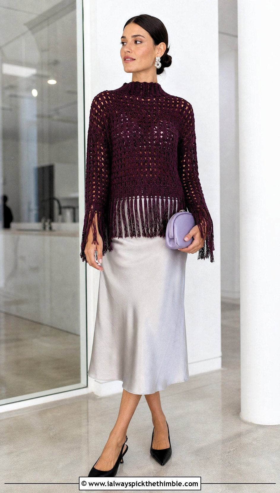 Mock Neck Crochet Fringe Sweater With Satin Midi Skirt - 20 Crochet Fringe Sweater outfit ideas