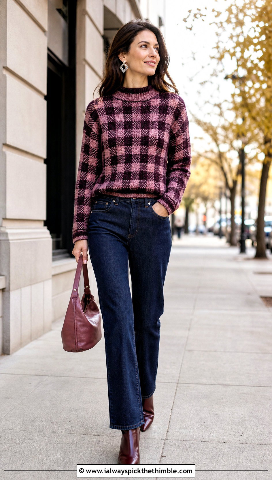 Mock Neck Crochet Gingham Sweater With Dark Denim - 20 Crochet Gingham Sweater outfit ideas
