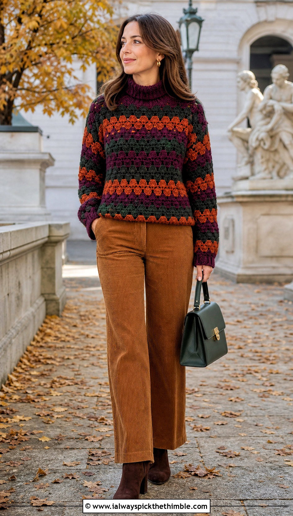 Mock Neck Crochet Granny Stripe Sweater With Corduroy Trousers - 20 Crochet Granny Stripe Sweater outfit ideas