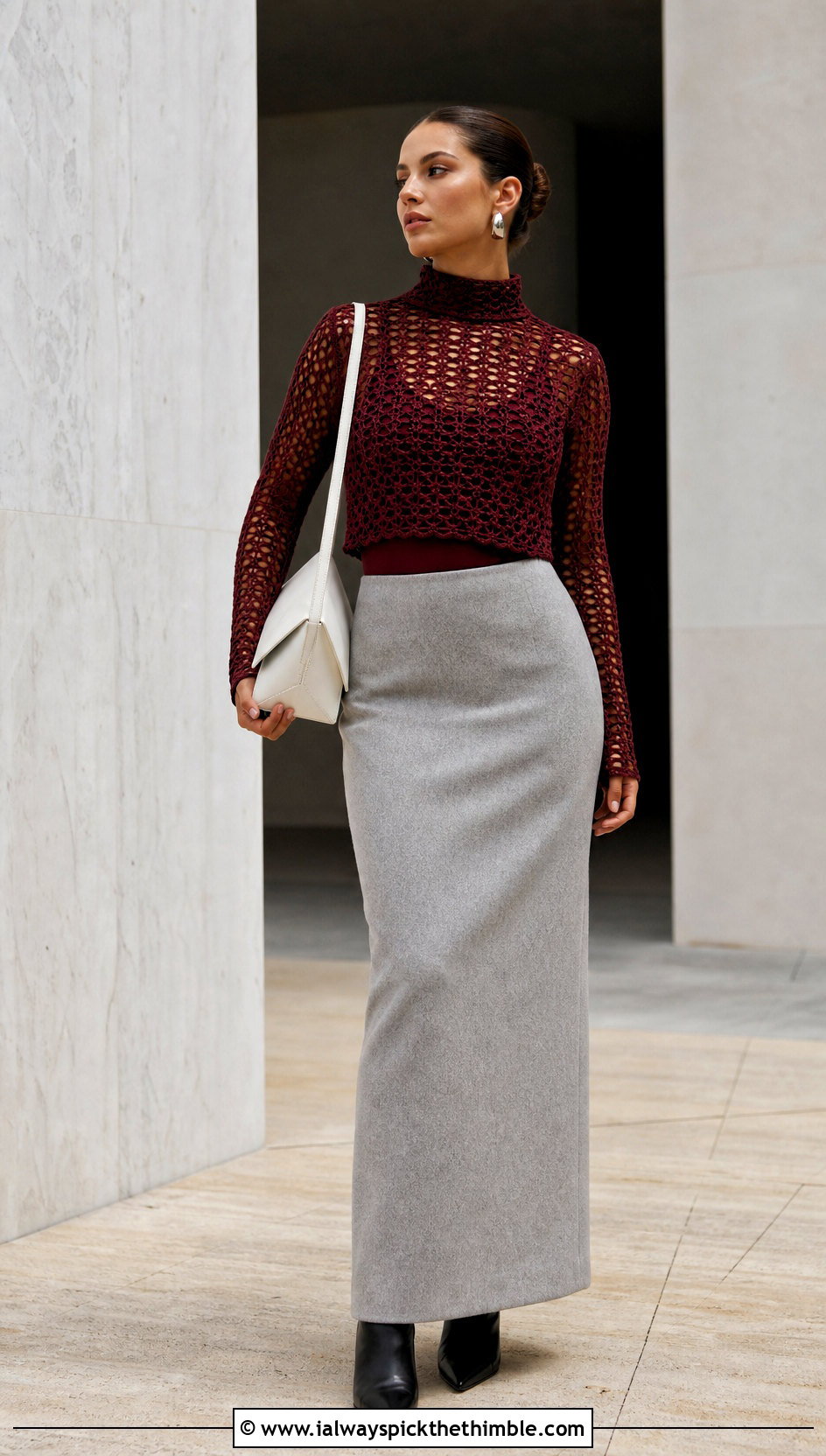 Mock Neck Crochet Half Top With Column Skirt - 20 Crochet Long Sleeve Half Top outfit ideas