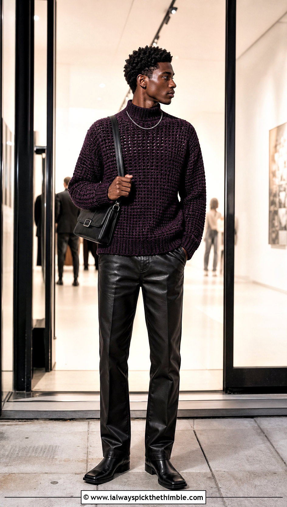Mock Neck Crochet Jumper With Leather Pants - 20 mens crochet jumper outfit ideas