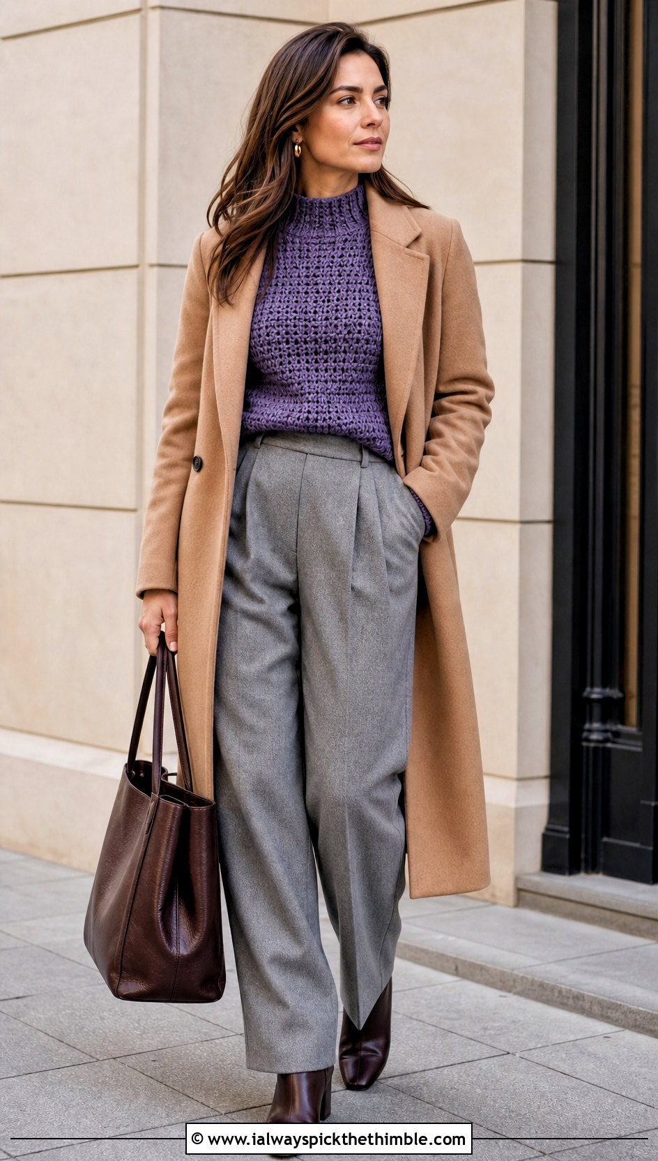 Mock Neck Crochet Jumper With Pleated Wool Trousers - 20 crochet jumper for women outfit ideas