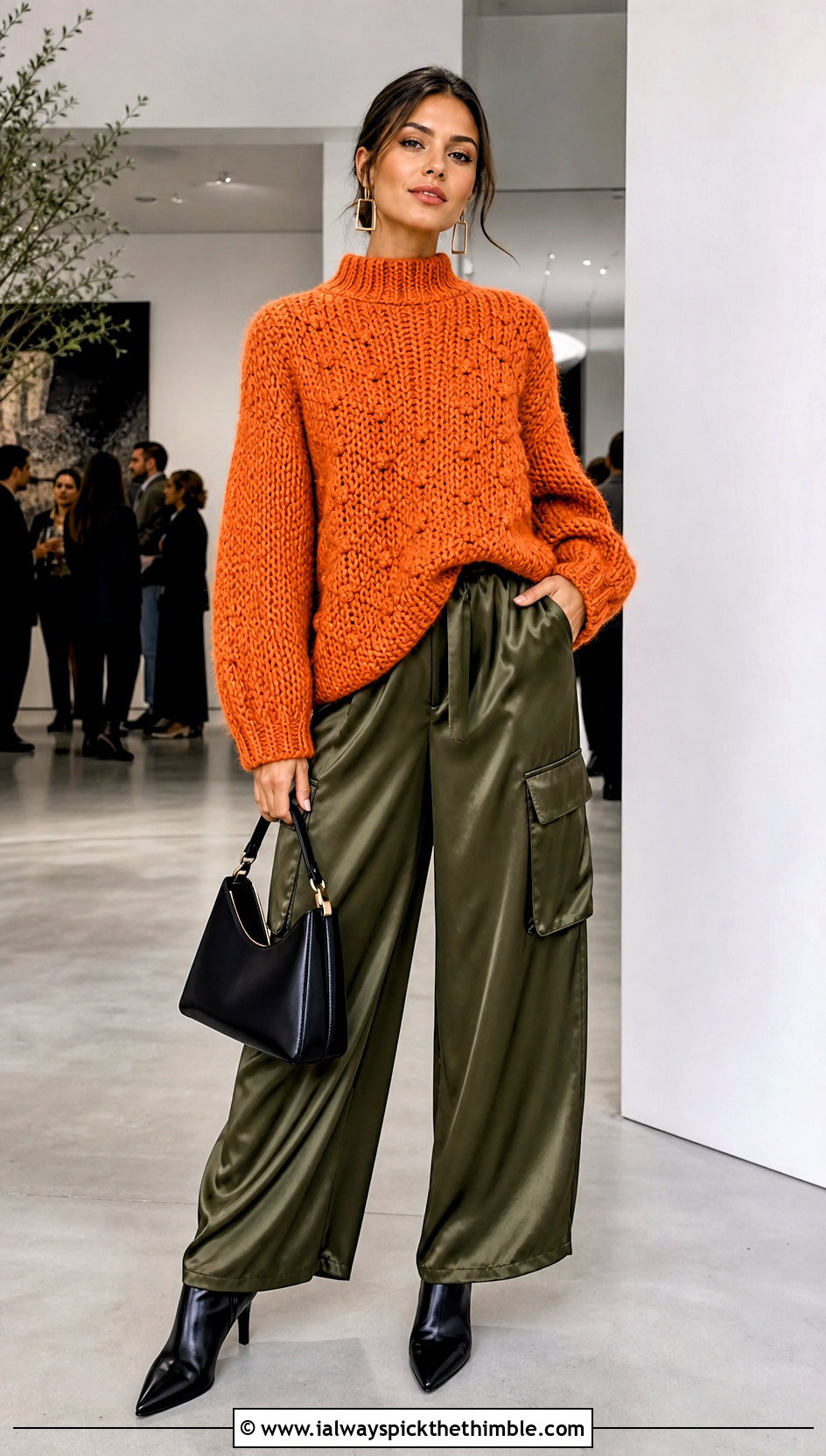Mock Neck Crochet Jumper With Satin Cargo Pants - 20 oversized crochet jumper outfit ideas