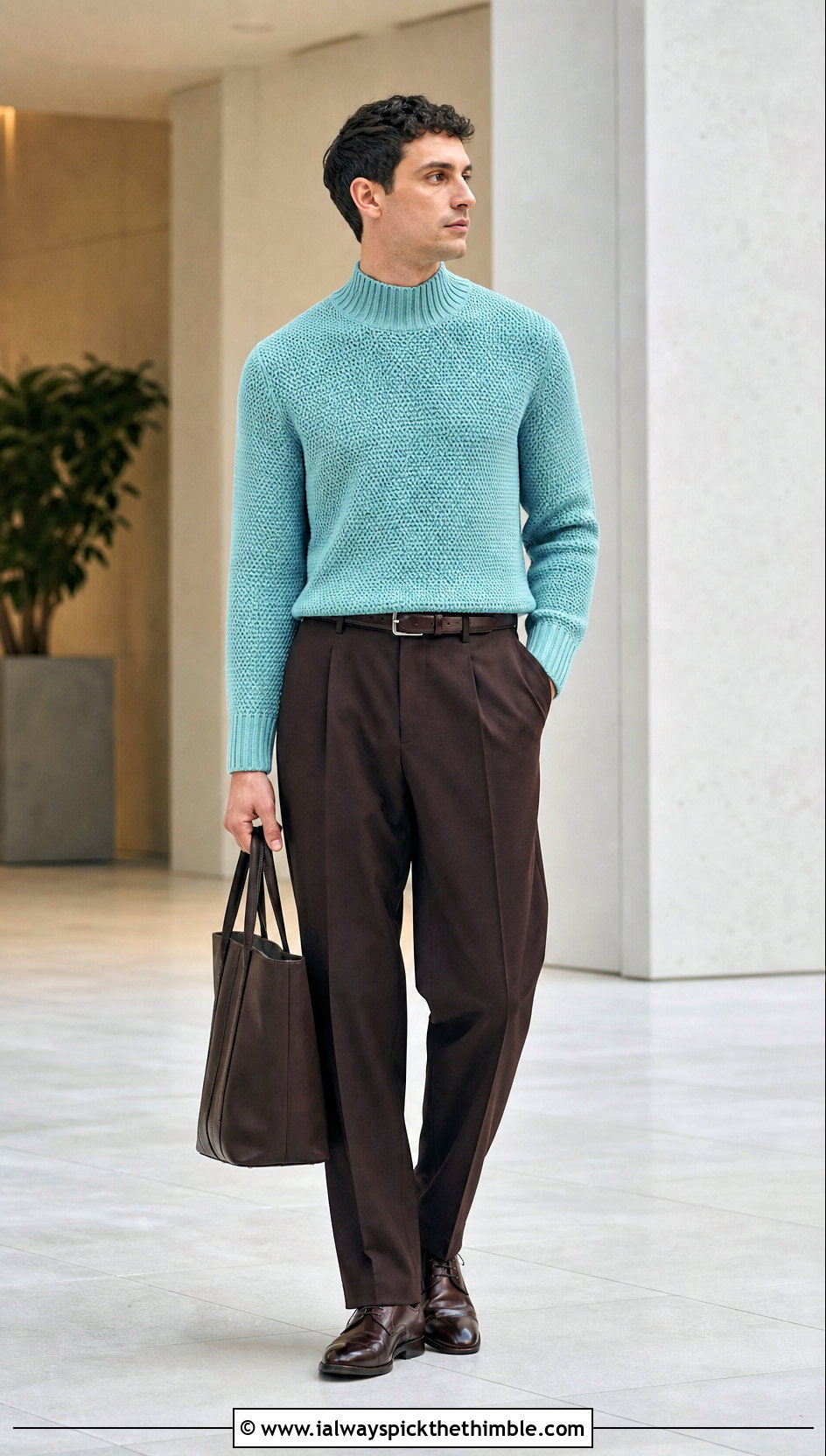 Mock Neck Crochet Jumper With Tailored Pants - 25 men crochet jumper outfit ideas