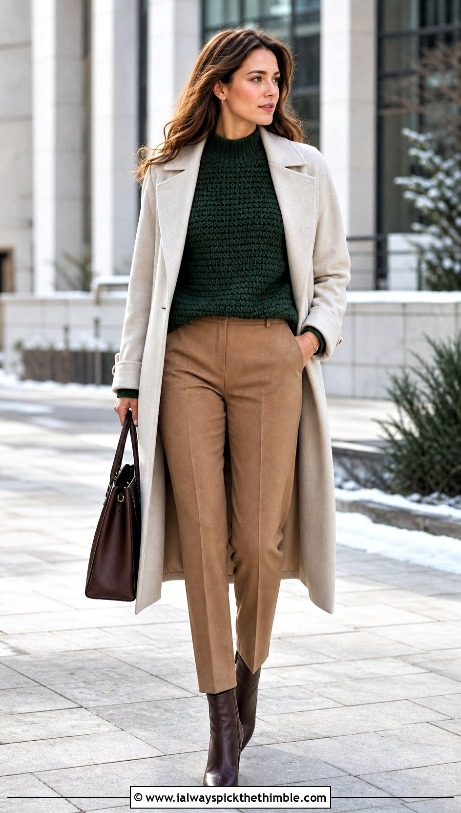 Mock Neck Crochet Jumper With Wool Trousers - 25 crochet jumper outfit ideas