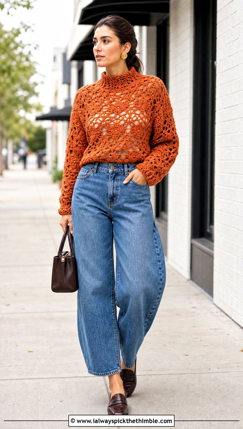 Mock Neck Crochet Lace Sweater With Barrel Jeans - 25 crochet lace sweater outfit ideas