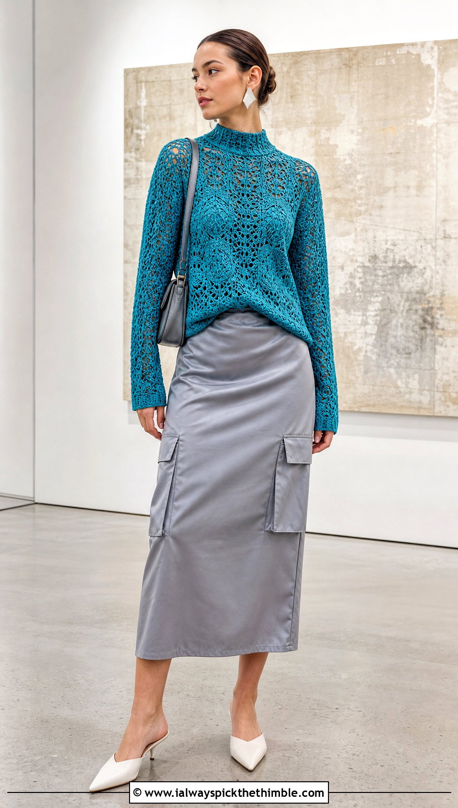 Mock Neck Crochet Lacy Sweater With Satin Cargo Skirt - 20 crochet lacy sweater outfit ideas