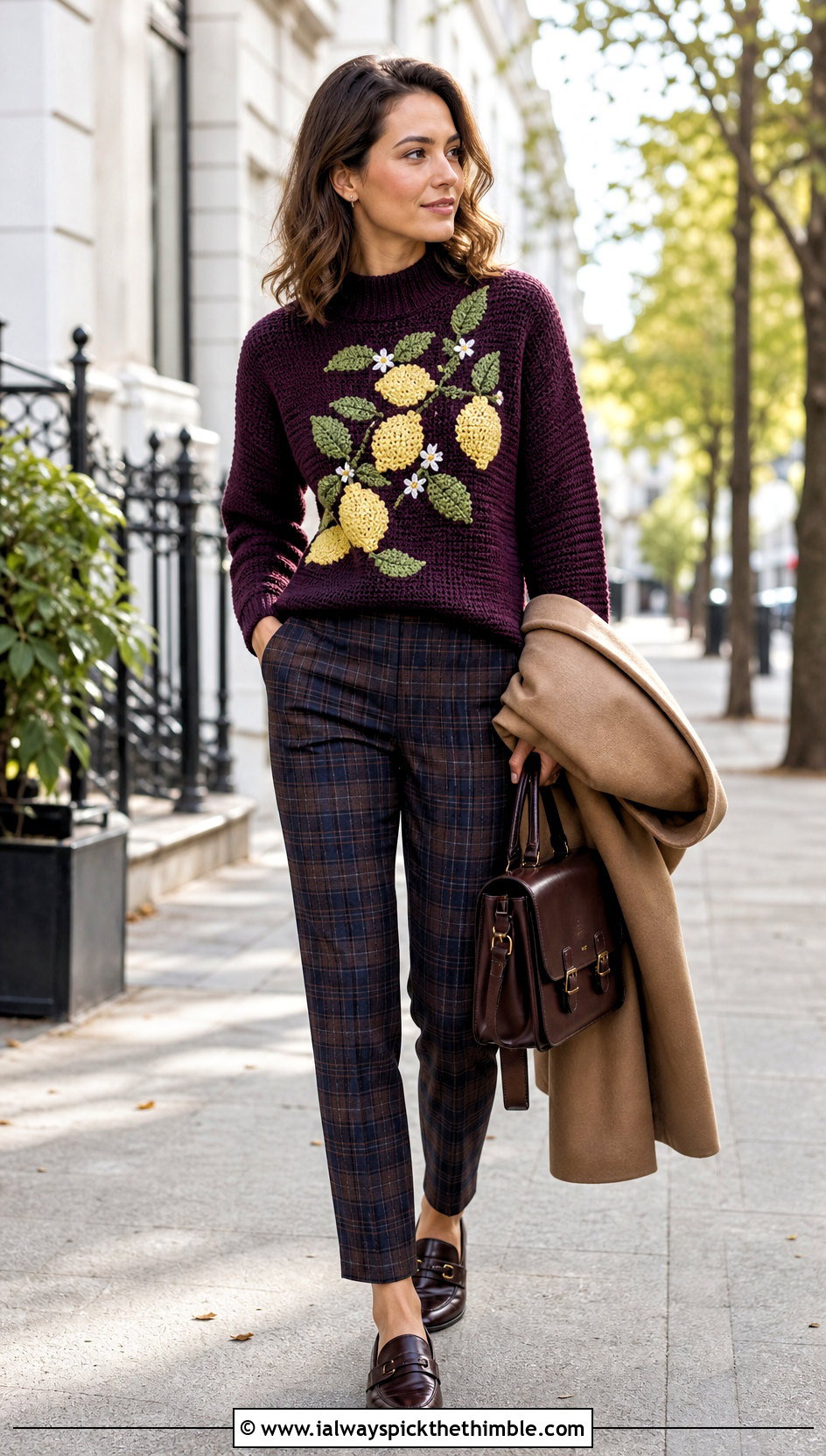 Mock Neck Crochet Lemon Sweater With Plaid Trousers - 20 Crochet Lemon Sweater outfit ideas
