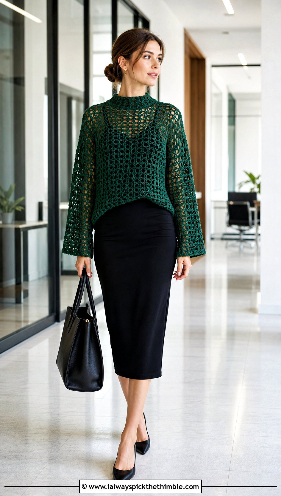 Mock Neck Crochet Loose Sweater With Pencil Skirt - 25 crochet loose sweater outfit ideas