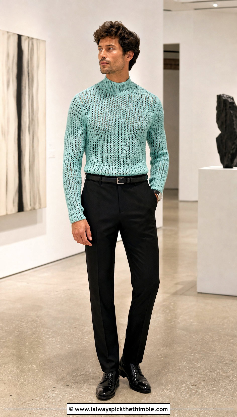 Mock Neck Crochet Mens Pullover With Suit Trousers - 15 crochet mens pullover outfit ideas