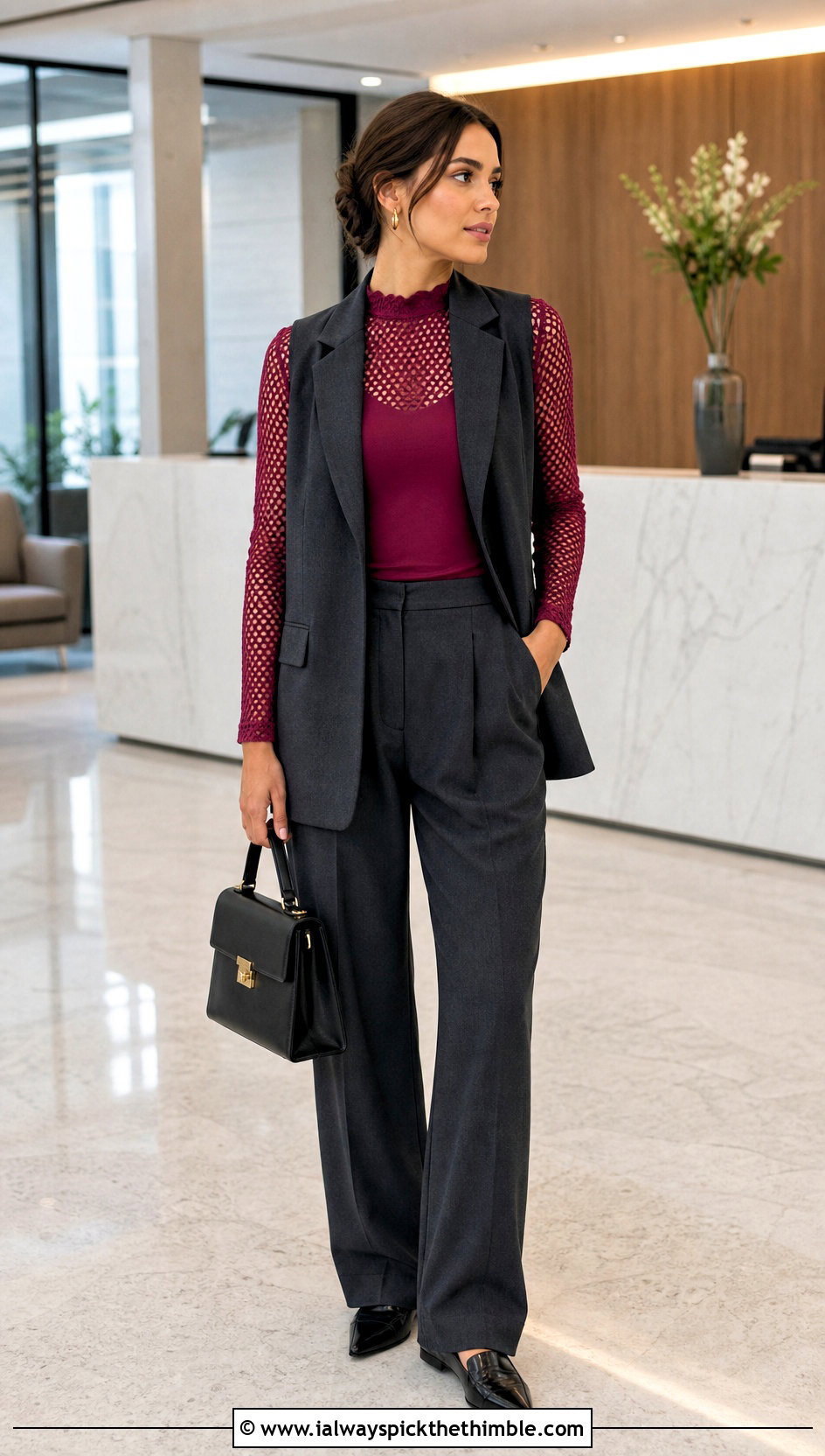 Mock Neck Crochet Mesh Top With Tailored Vest - 25 crochet mesh top outfit ideas