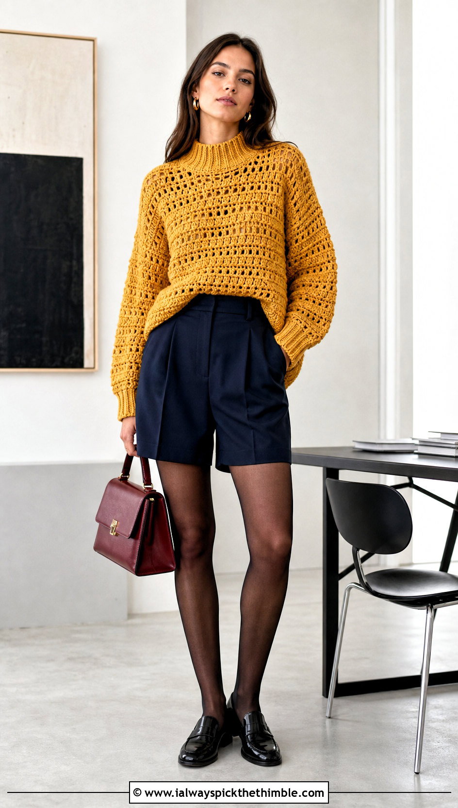 Mock Neck Crochet Oversized Sweater With Tailored Shorts - 20 Easy Crochet Oversized Sweater outfit ideas