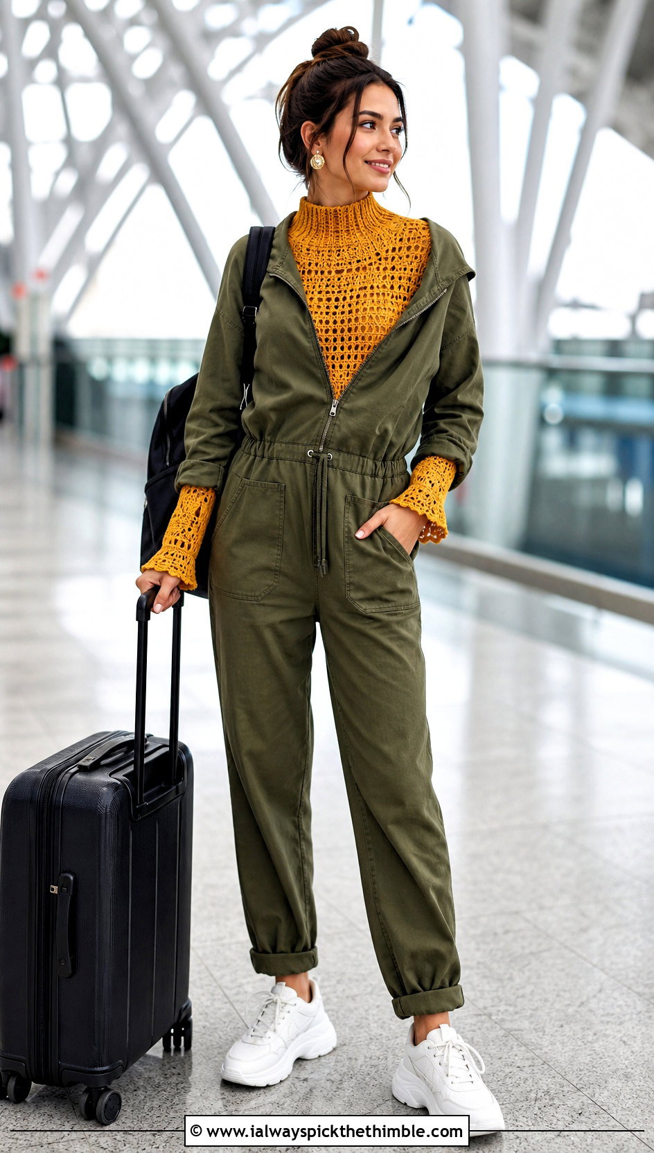 Mock Neck Crochet Peekaboo Top With a Utility Jumpsuit - 20 peekaboo crochet top outfit ideas