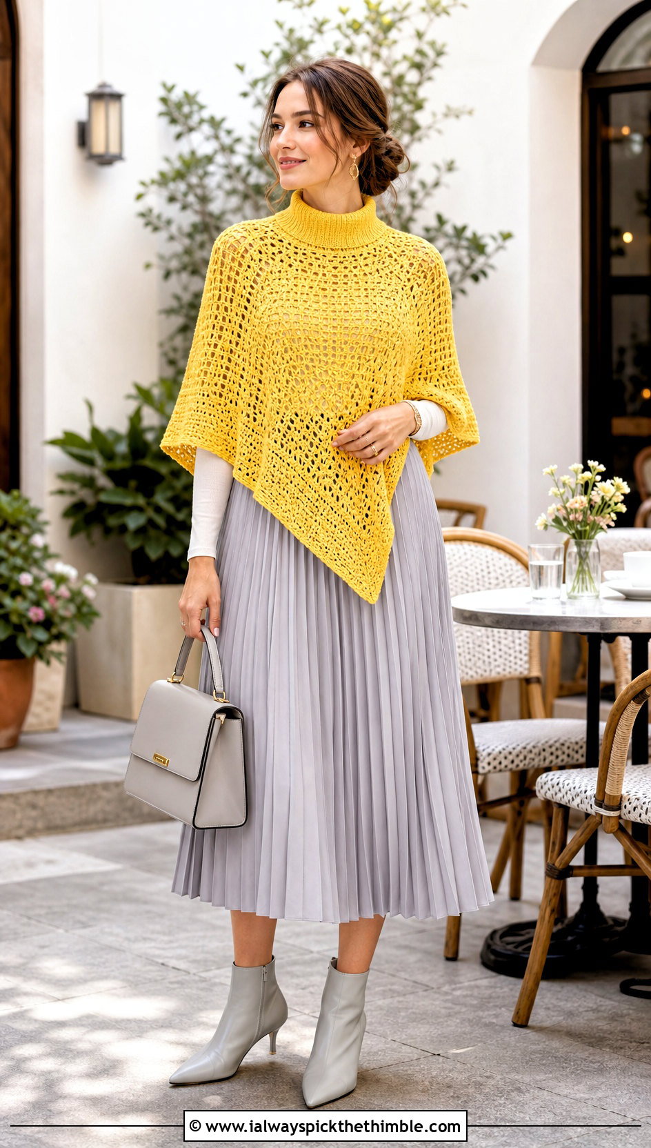Mock Neck Crochet Poncho With Pleated Midi Skirt - 20 Crochet Poncho With Collar outfit ideas