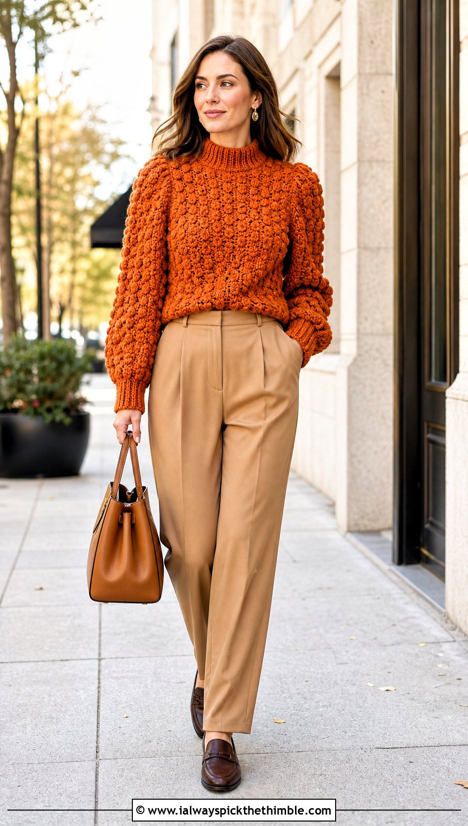 Mock Neck Crochet Puff Sleeve Sweater With Pleated Pants - 20 Crochet Puff Sleeve Sweater outfit ideas