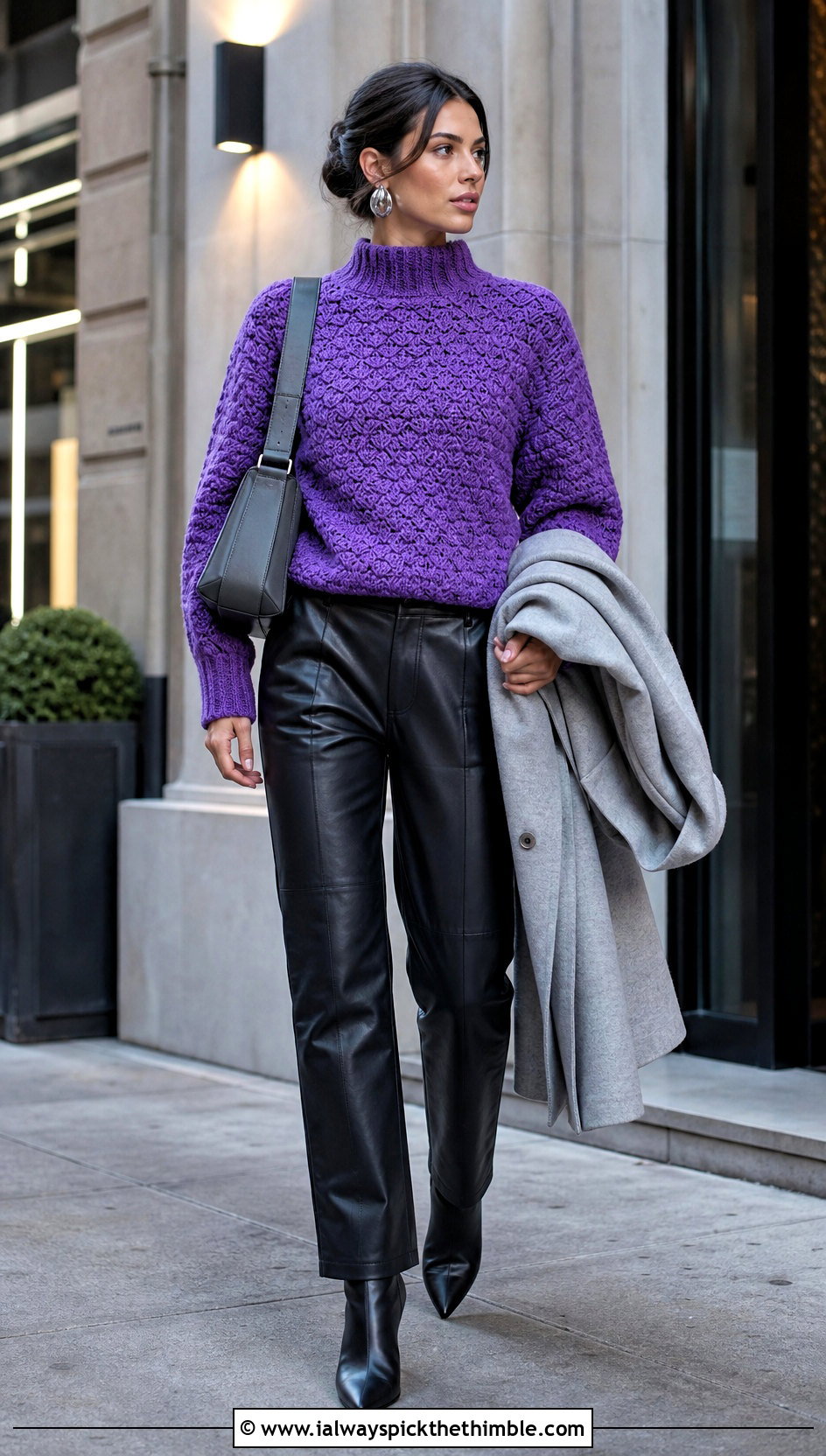 Mock Neck Crochet Puff Stitch Sweater With Leather Pants - 20 Crochet Puff Stitch Sweater outfit ideas