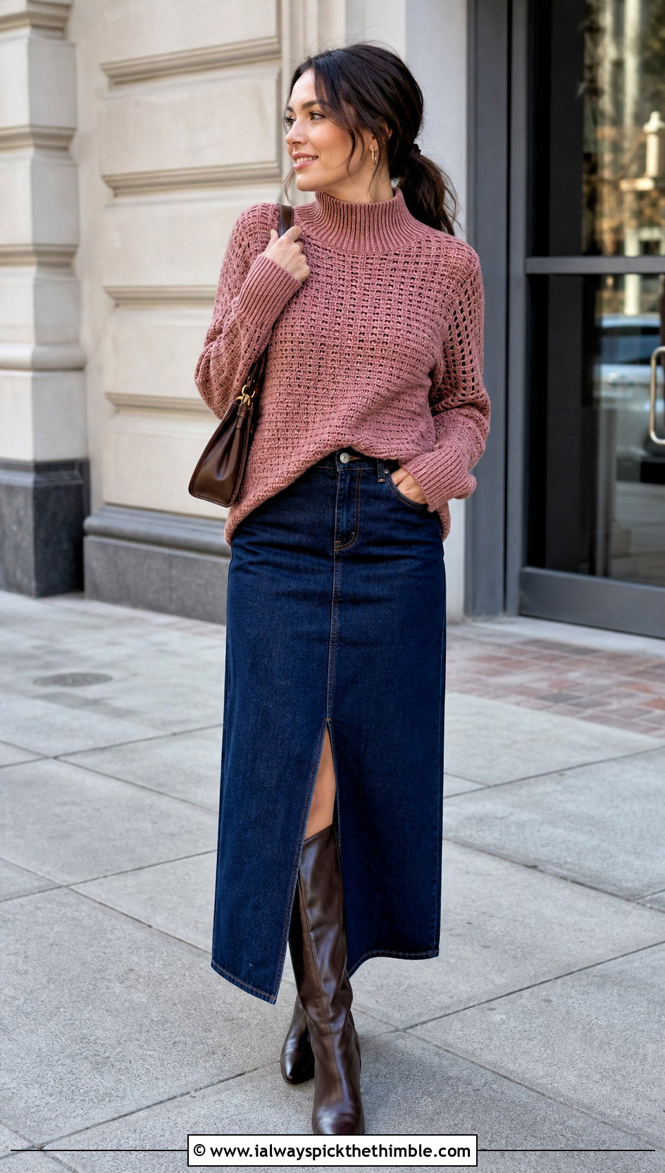 Mock Neck Crochet Pullover Sweater With A Denim Maxi Skirt - 15 crochet for ladies pull over sweaters outfit ideas