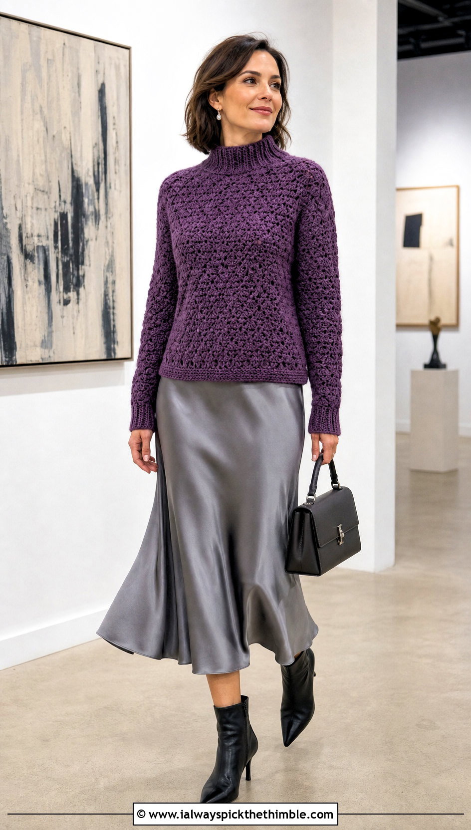 Mock Neck Crochet Pullover With Satin Midi Skirt - 20 Easy Crochet Pullover outfit ideas