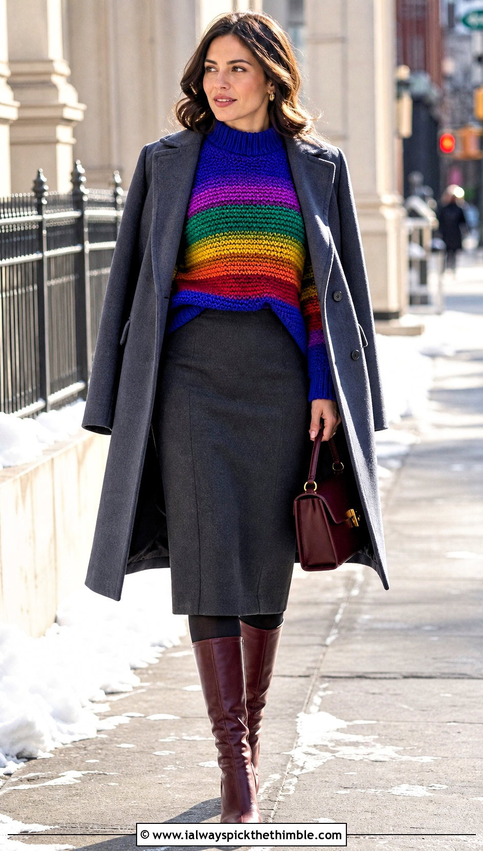 Mock Neck Crochet Rainbow Sweater With Wool Midi Skirt - 20 Crochet Rainbow Sweater outfit ideas