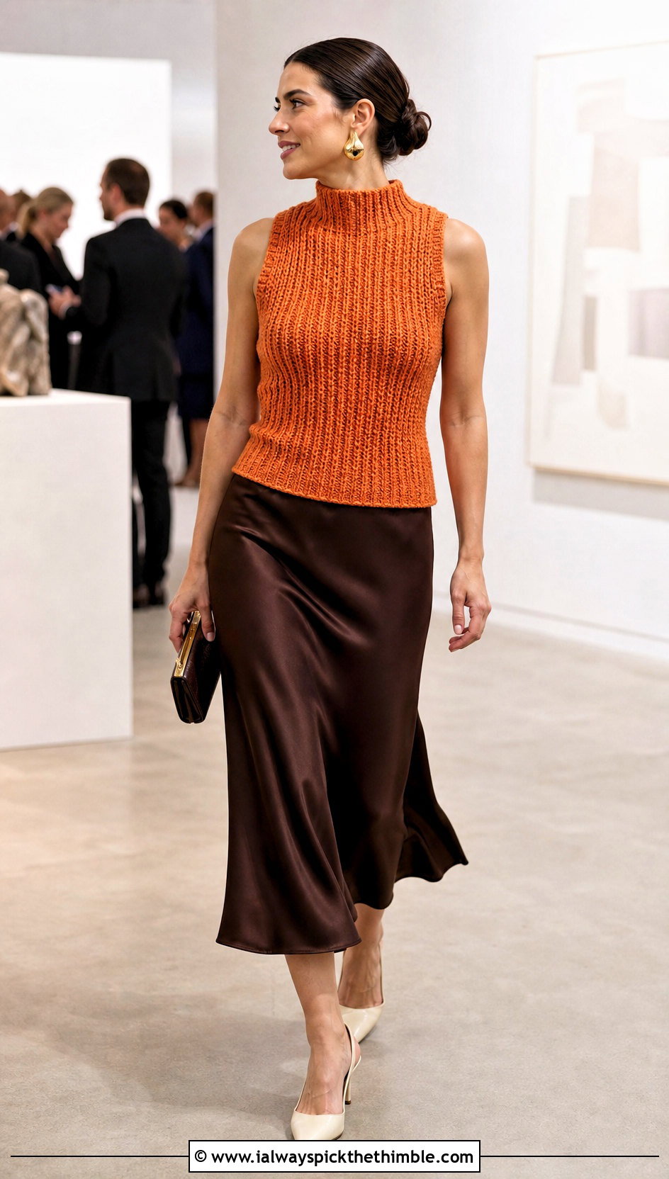 Mock Neck Crochet Ribbed Vest With Satin Midi Skirt - 20 crochet ribbed vest outfit ideas