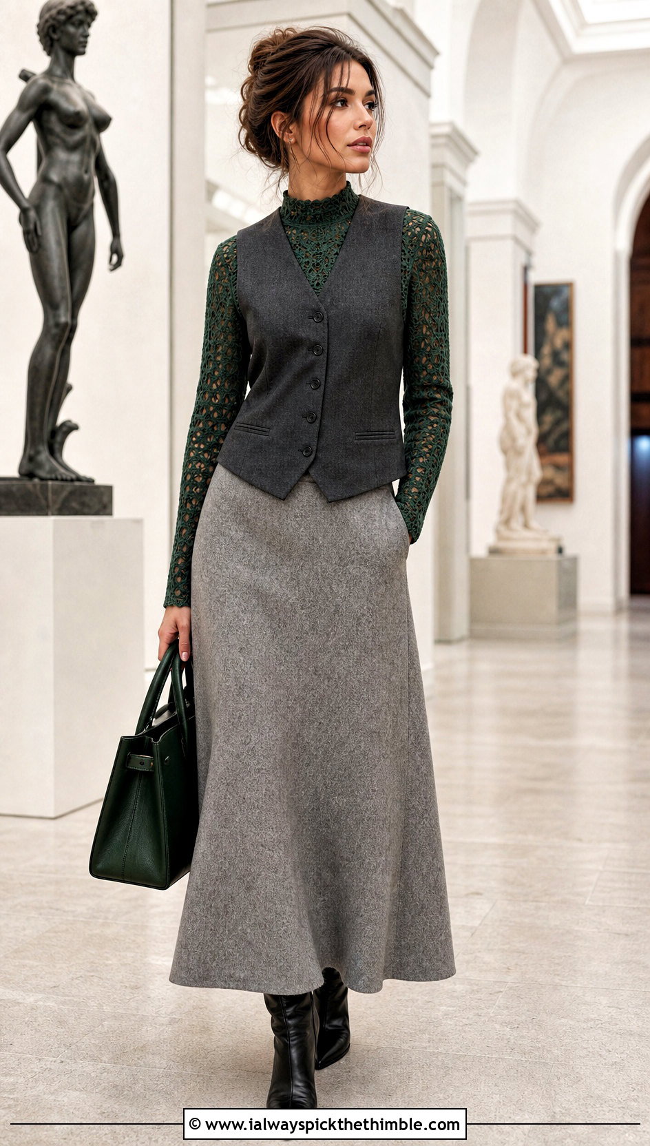 Mock Neck Crochet Shirt With Tailored Vest And Wool Skirt - 25 crochet shirts outfit ideas