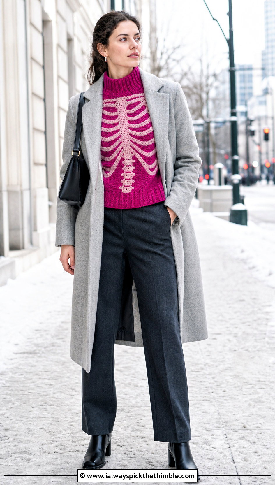 Mock Neck Crochet Skeleton Sweater With Wool Trousers - 20 Crochet Skeleton Sweater outfit ideas