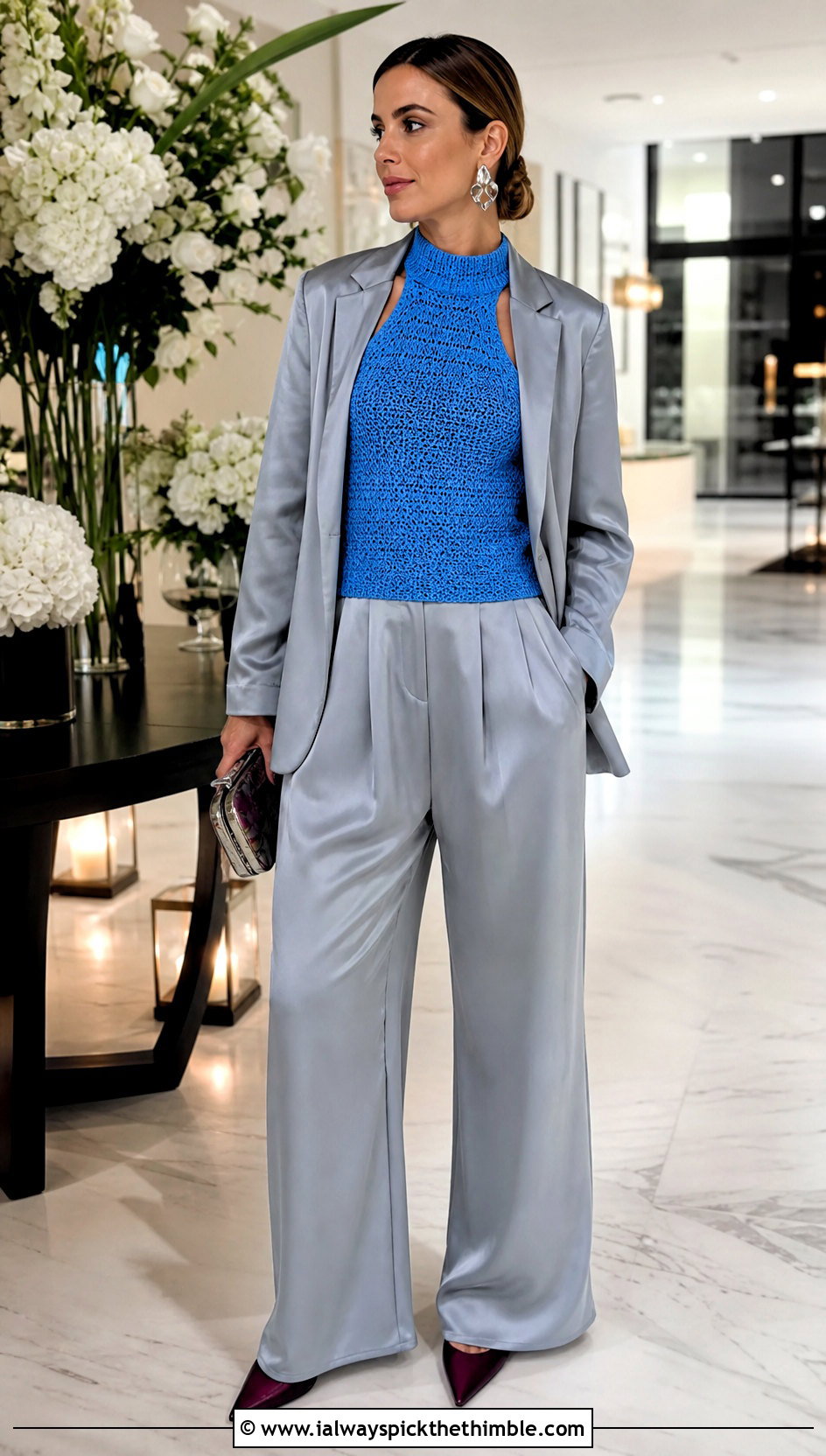 Mock Neck Crochet Sleeveless Top With A Satin Suit - 25 crochet sleeveless top outfit ideas