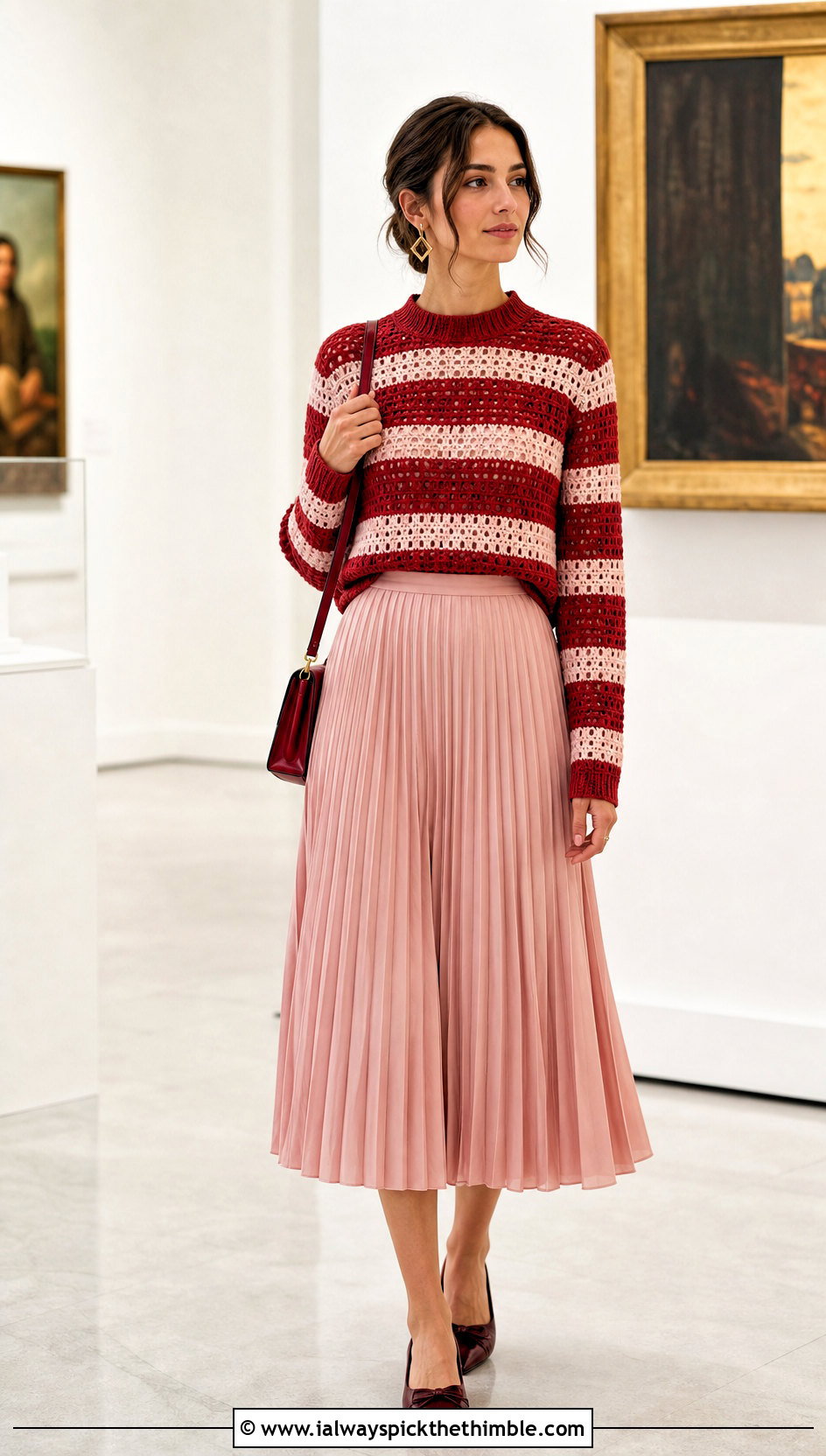 Mock Neck Crochet Striped Sweater With Pleated Midi Skirt - 15 Crochet Stripped Sweater outfit ideas