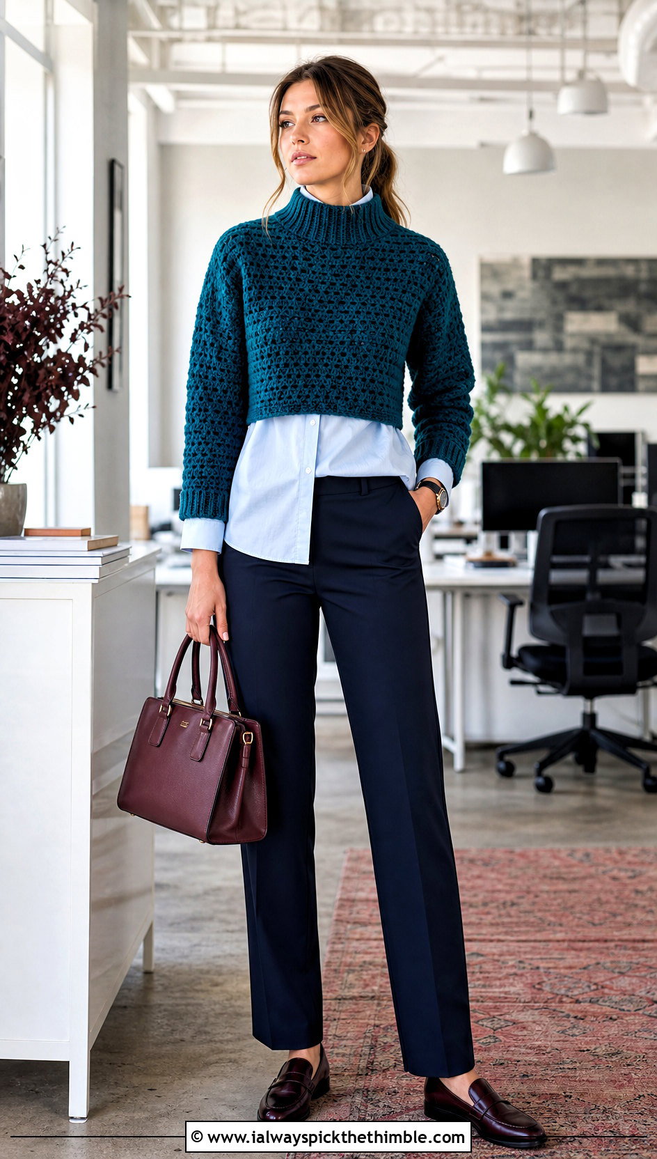Mock Neck Crochet Super Cropped Sweater With Button Down Shirt - 15 Crochet Super Cropped Sweater outfit ideas
