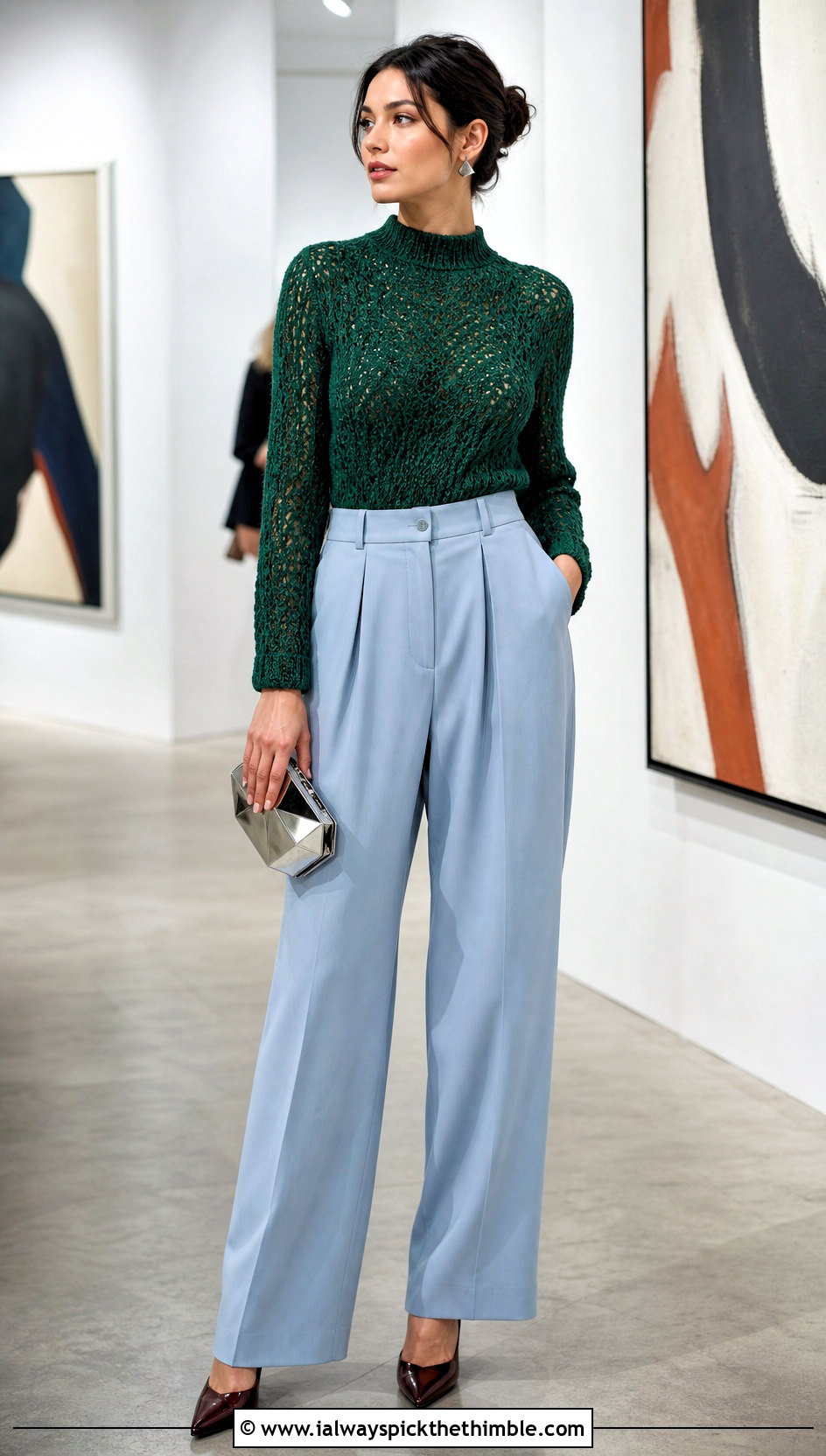 Mock Neck Crochet Sweater Top With Pleated Trousers - 25 Crochet Top Sweater outfit ideas