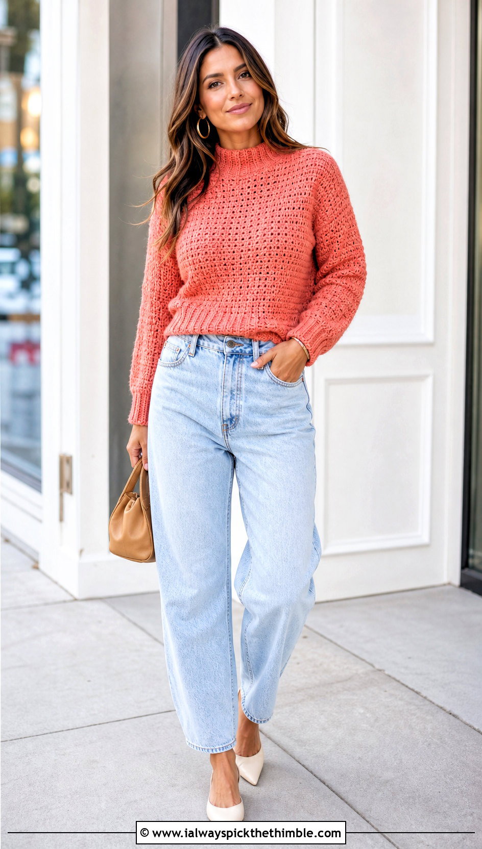 Mock Neck Crochet Sweater With Barrel Jeans - 25 crochet sweater design outfit ideas