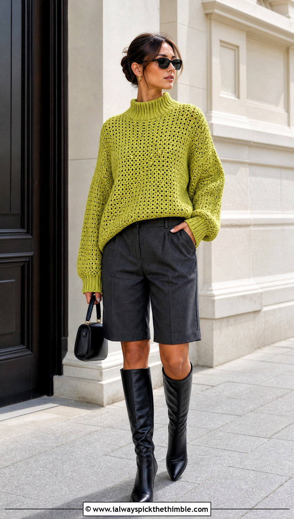 Mock Neck Crochet Sweater With Bermuda Shorts - 25 oversized crochet sweater outfit ideas
