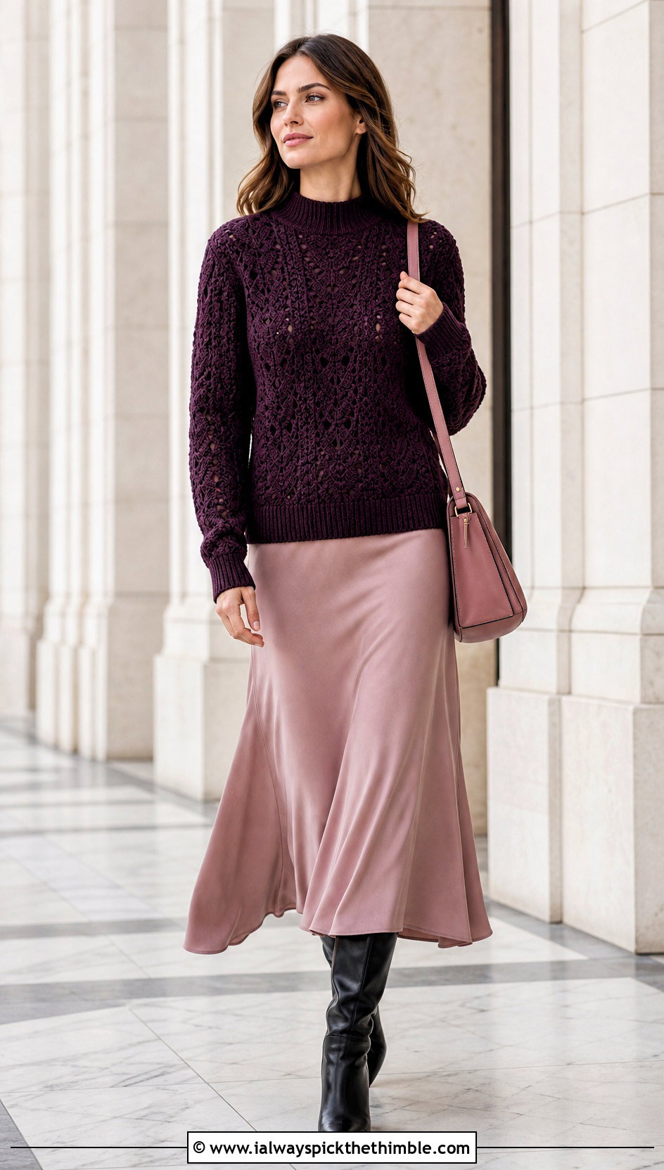Mock Neck Crochet Sweater With Bias Cut Maxi Skirt - 20 vintage crochet sweater outfit ideas