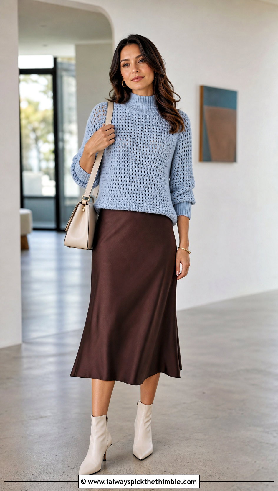 Mock Neck Crochet Sweater With Bias Cut Skirt - 25 crochet sweater design for women outfit ideas