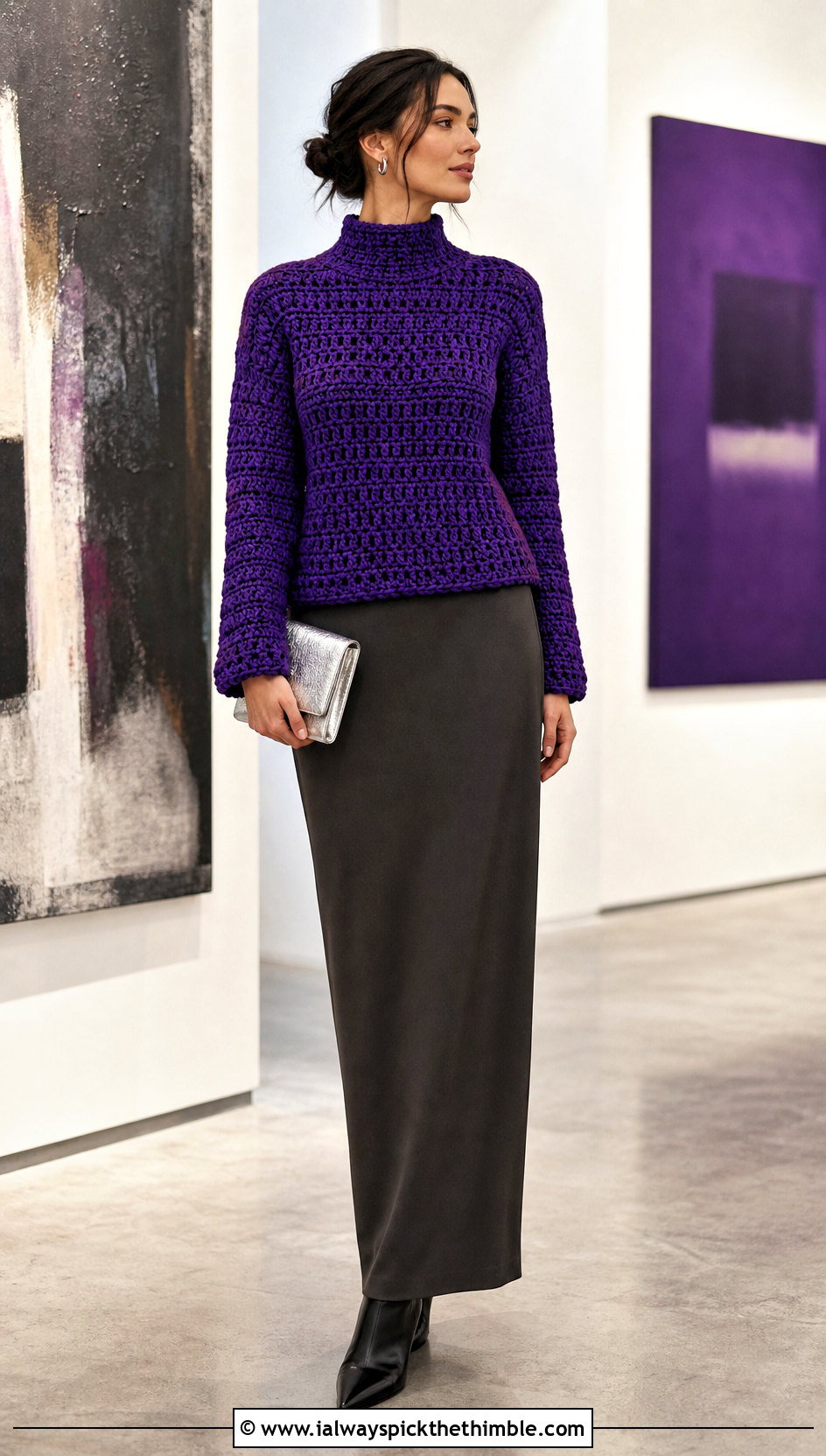 Mock Neck Crochet Sweater With Column Maxi Skirt - 15 Sweaters To Crochet For Women outfit ideas