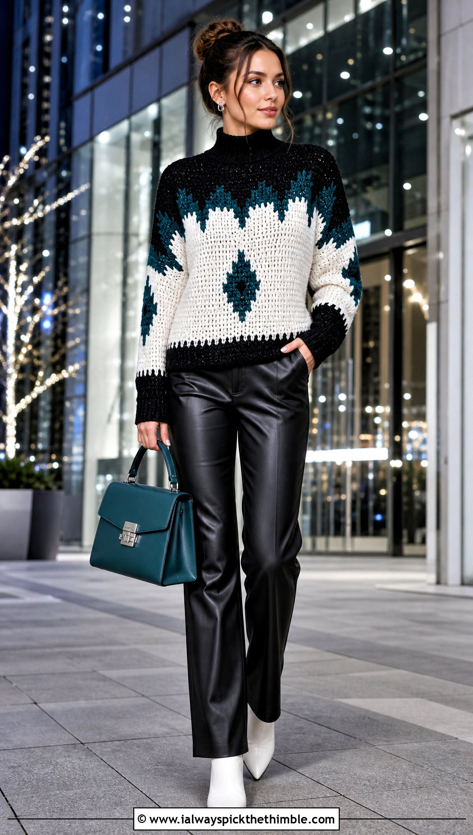 Mock Neck Crochet Sweater With Faux Leather Pants - 25 black and white crochet sweater outfit ideas