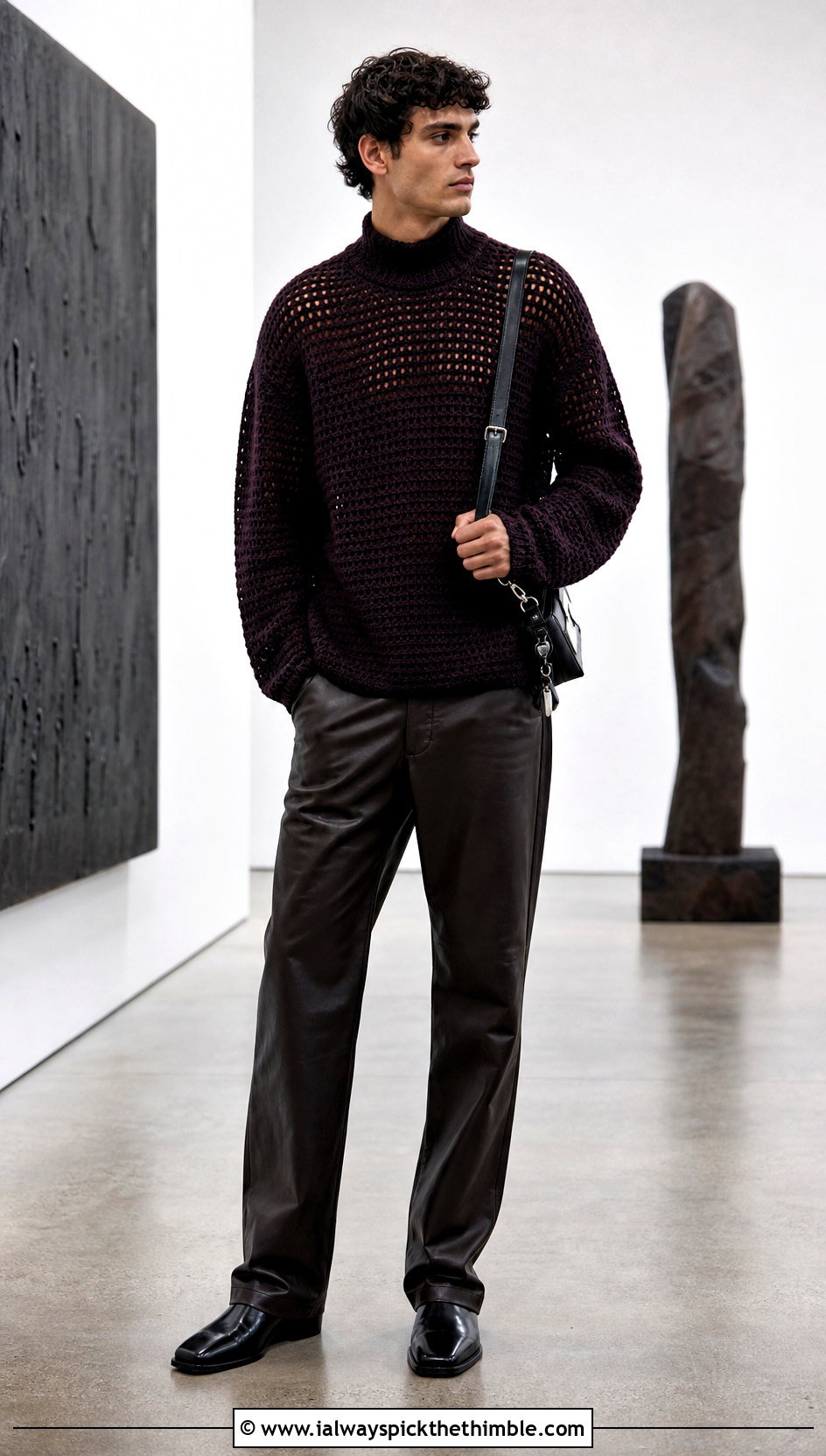 Mock Neck Crochet Sweater With Leather Pants - 25 men crochet sweater outfit ideas