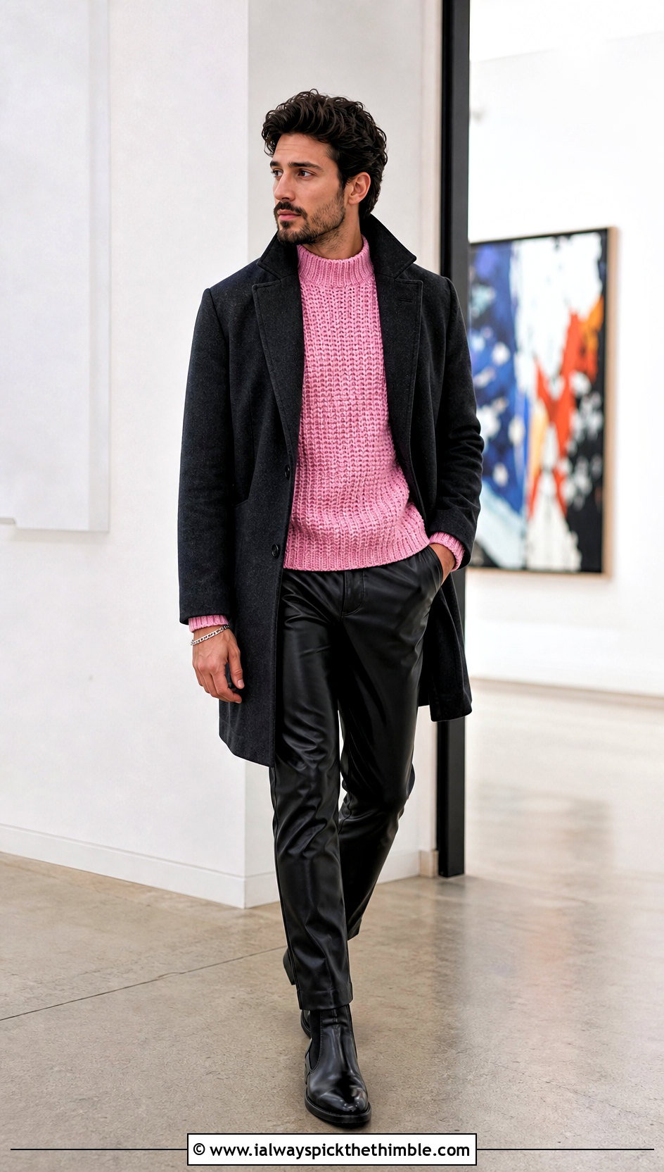 Mock Neck Crochet Sweater With Leather Pants - 20 man crochet sweater outfit ideas