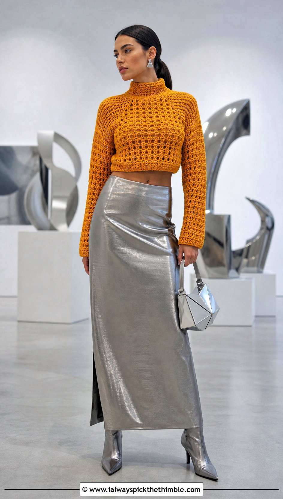Mock Neck Crochet Sweater With Metallic Maxi Skirt - 20 y2k crochet sweater outfit ideas
