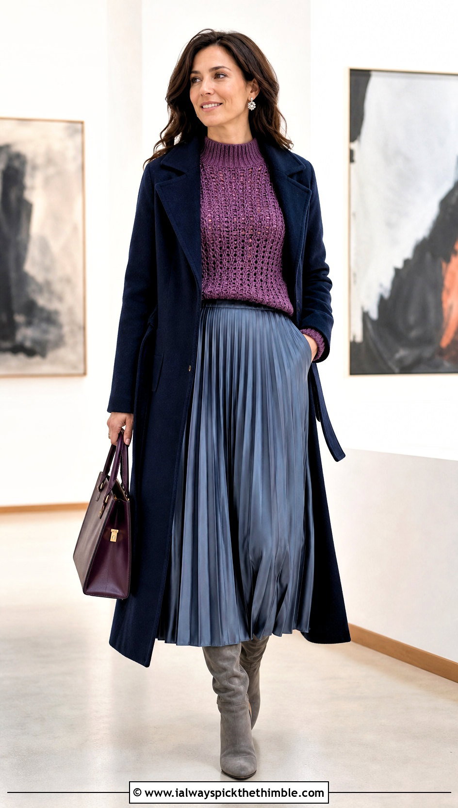 Mock Neck Crochet Sweater With Pleated Midi Skirt - 20 crochet winter sweater outfit ideas