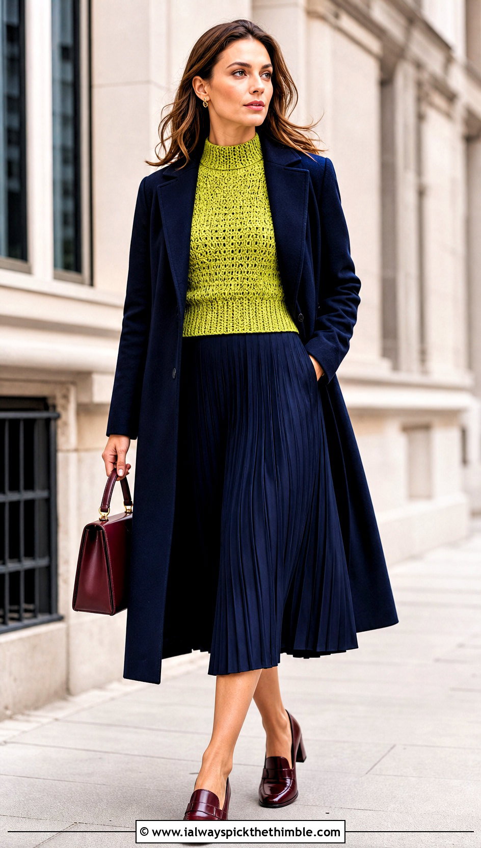 Mock Neck Crochet Sweater With Pleated Midi Skirt - 15 Crochet Sweater 70S outfit ideas