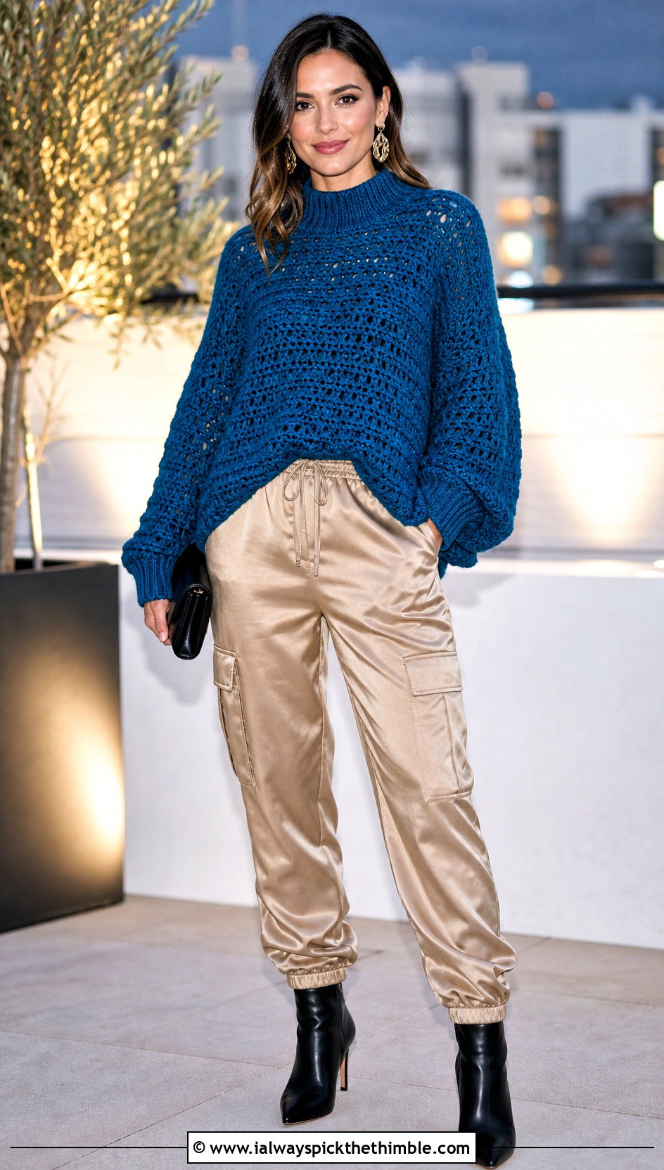 Mock Neck Crochet Sweater With Satin Cargo Pants - 20 Crochet Oversize Sweater outfit ideas