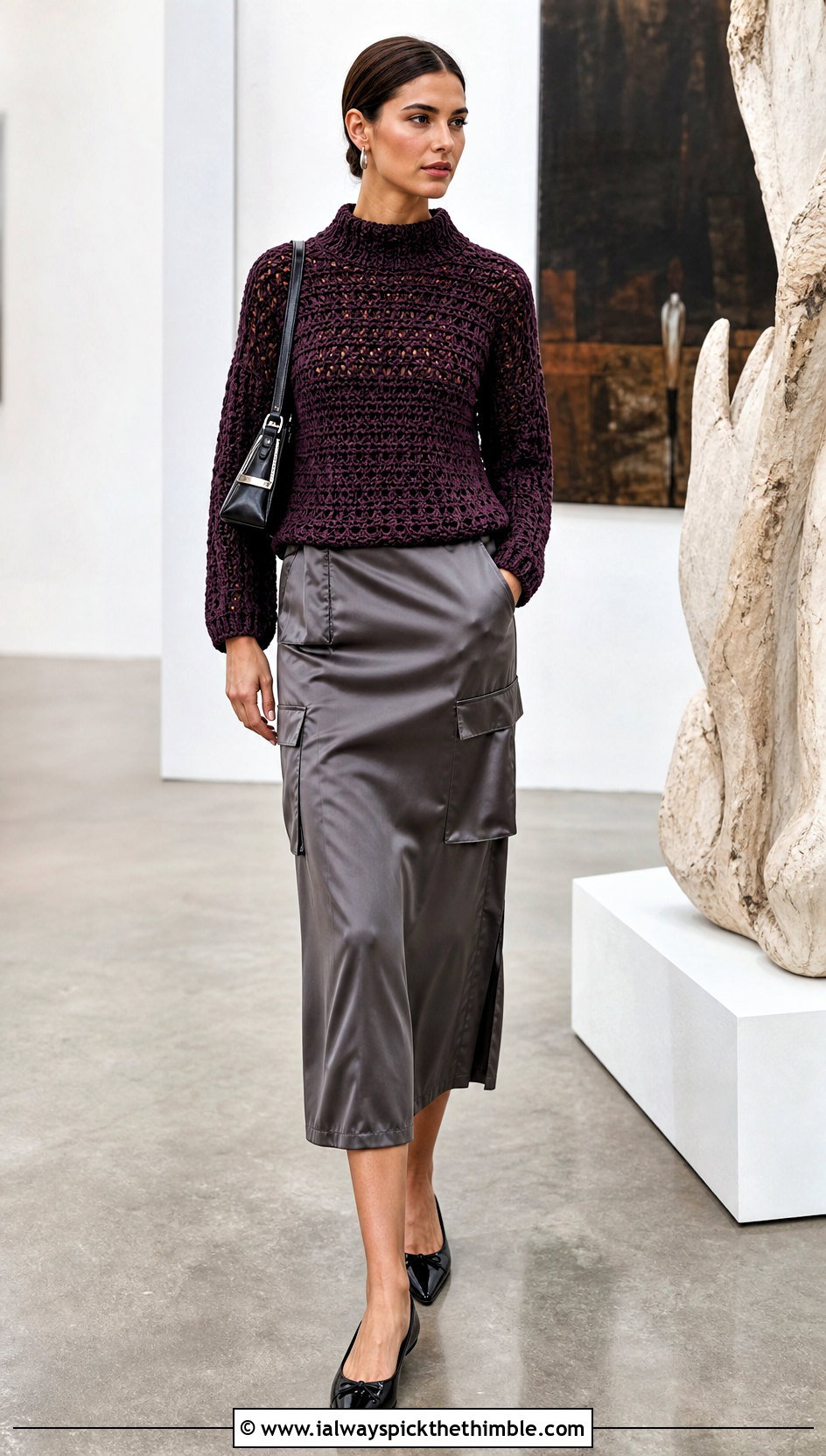 Mock Neck Crochet Sweater With Satin Cargo Skirt - 25 cute crochet sweaters outfit ideas