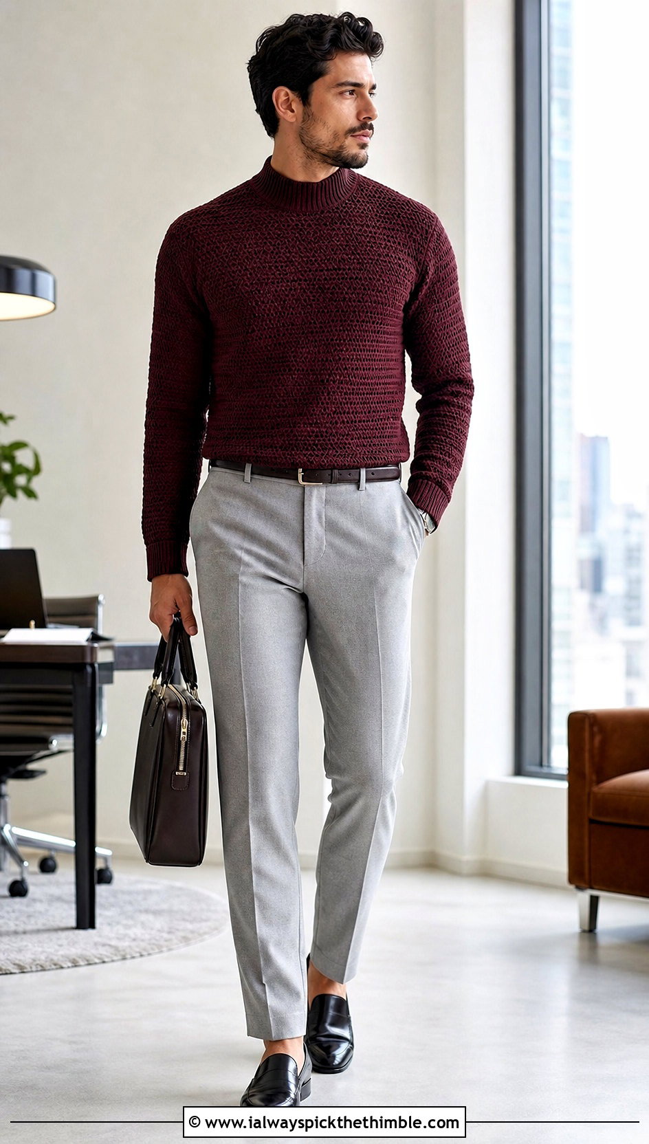 Mock Neck Crochet Sweater With Suit Trousers - 20 male crochet sweater outfit ideas