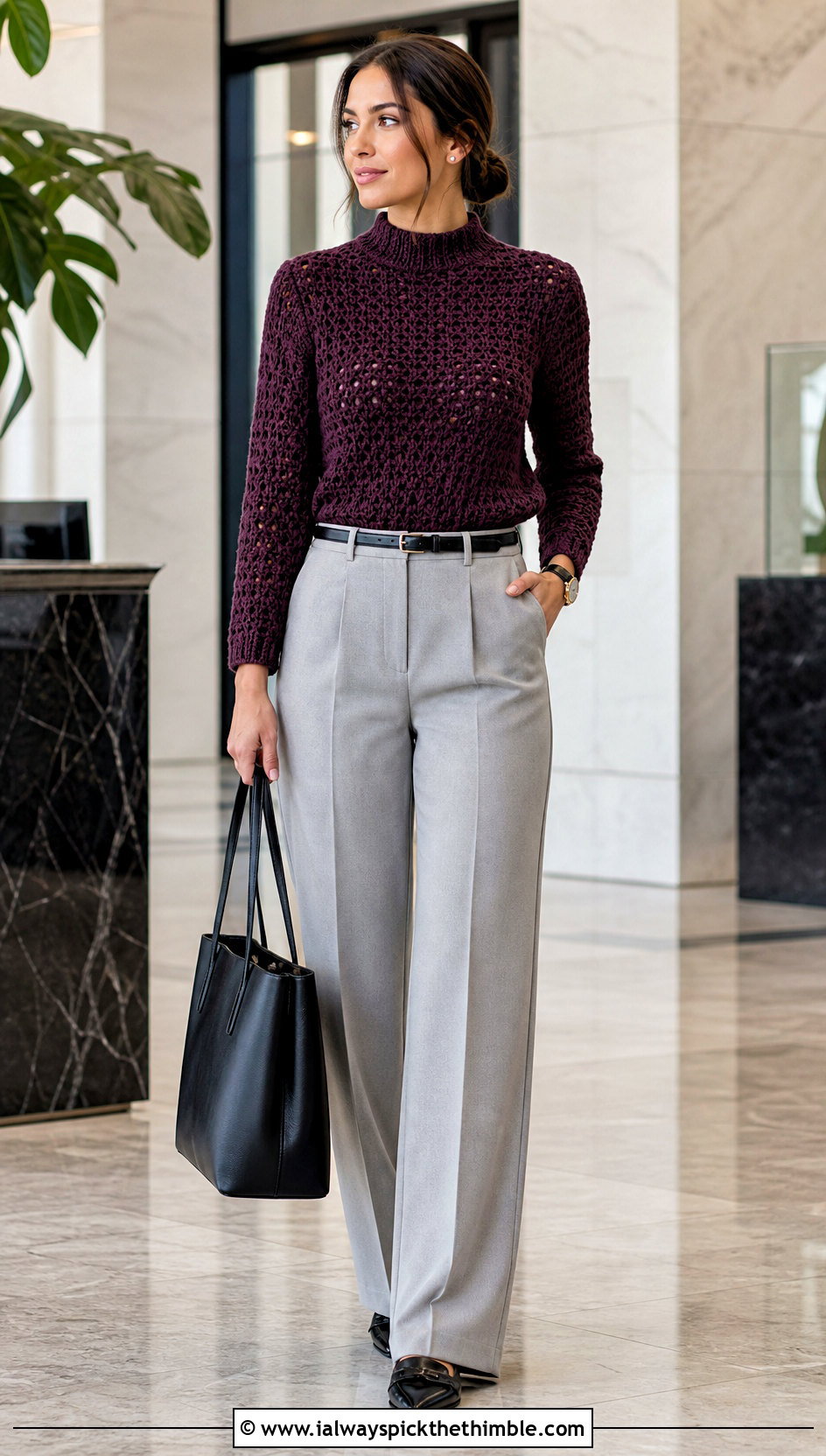 Mock Neck Crochet Sweater With Tailored Trousers - 20 cozy crochet sweater outfit ideas