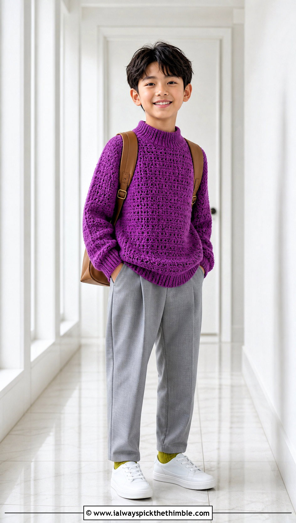 Mock Neck Crochet Sweater With Tailored Trousers - 15 Crochet Childs Sweater outfit ideas