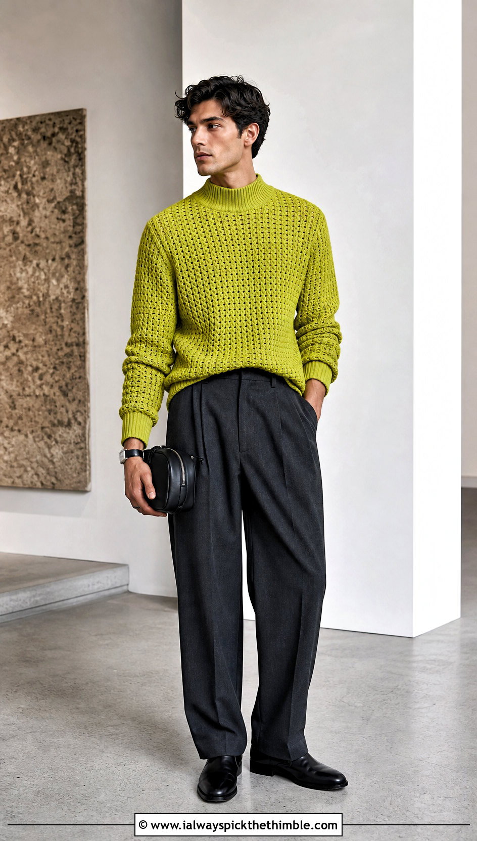 Mock Neck Crochet Sweater With Wide Leg Trousers - 20 Easy Crochet Mens Sweater outfit ideas