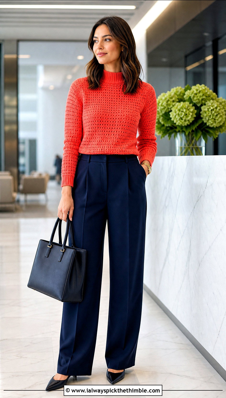 Mock Neck Crochet Sweater With Wide Leg Work Pants - 25 cute crochet sweater outfit ideas